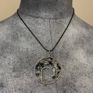 pendant necklace Wire wrapped tree look jewelry silver tone black beads